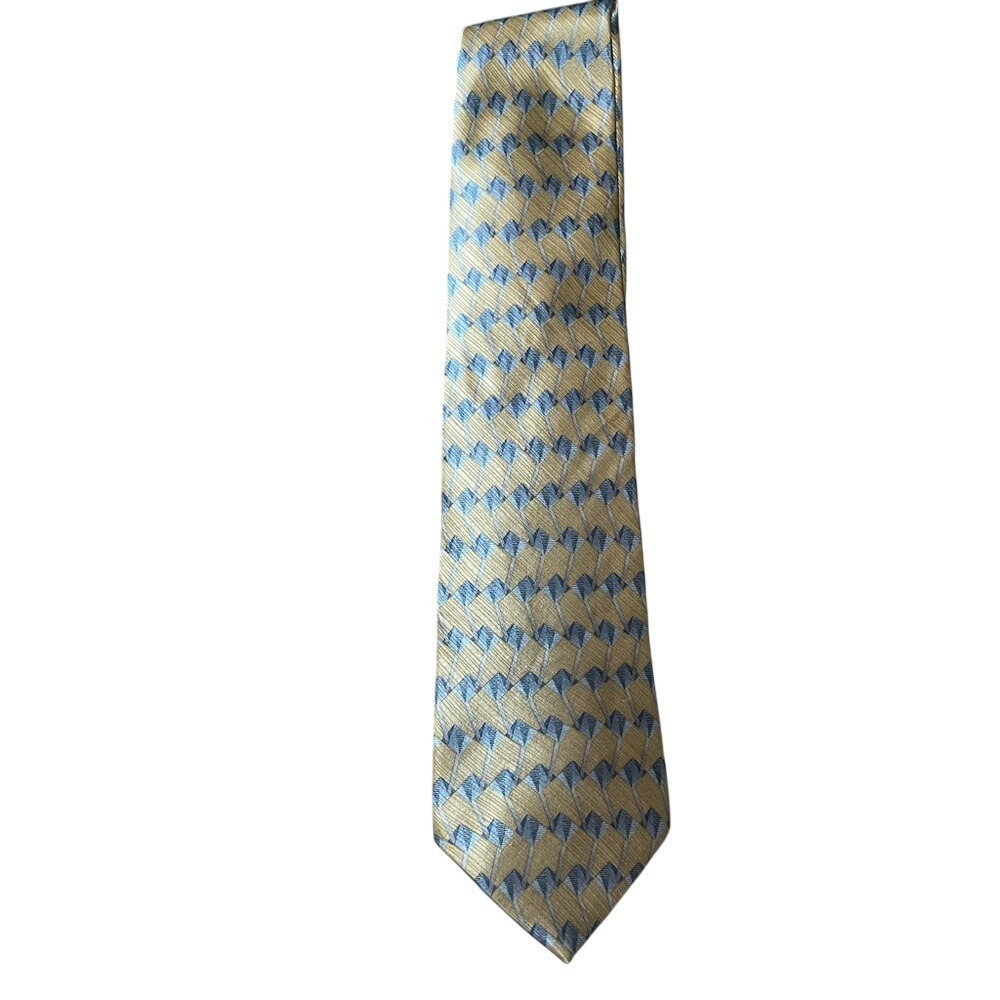Silk Necktie Gold Blue Geometric‎ Diamond Pattern Classic Menswear